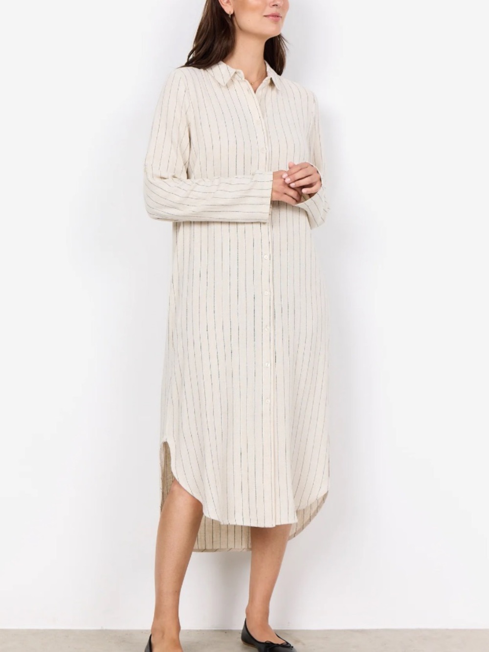 Soya concepts Long Sleeve Button-Front Shirt Dress in Cream Stripe